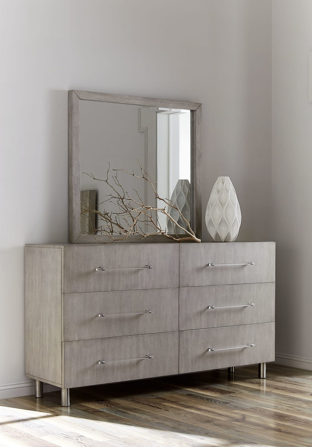 Argento Six Drawer Dresser in Misty Grey — styled with the matching mirror (sold separately)