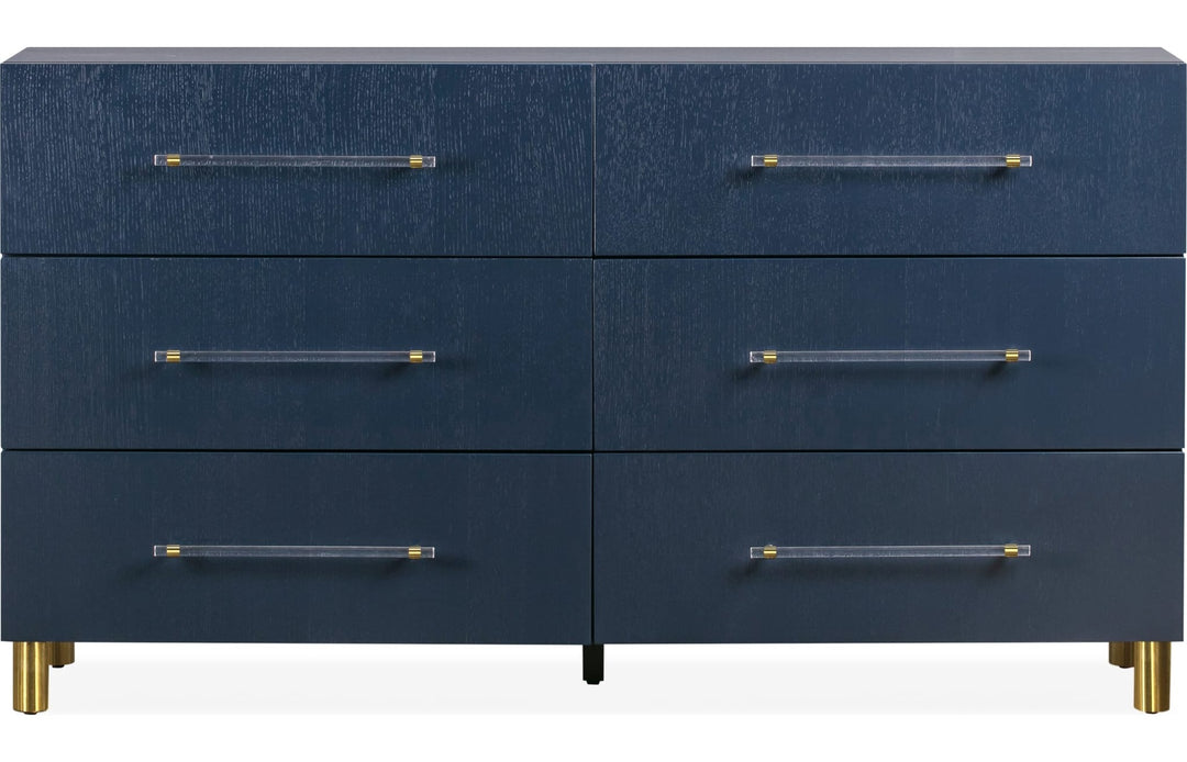 Argento Six Drawer Dresser in Navy Blue &amp; Burnished Brass — on a white background