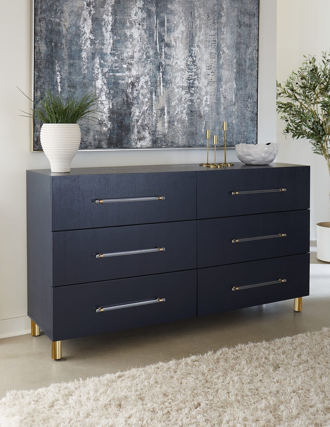 Argento Six Drawer Dresser in Navy Blue &amp; Burnished Brass — styled in a room
