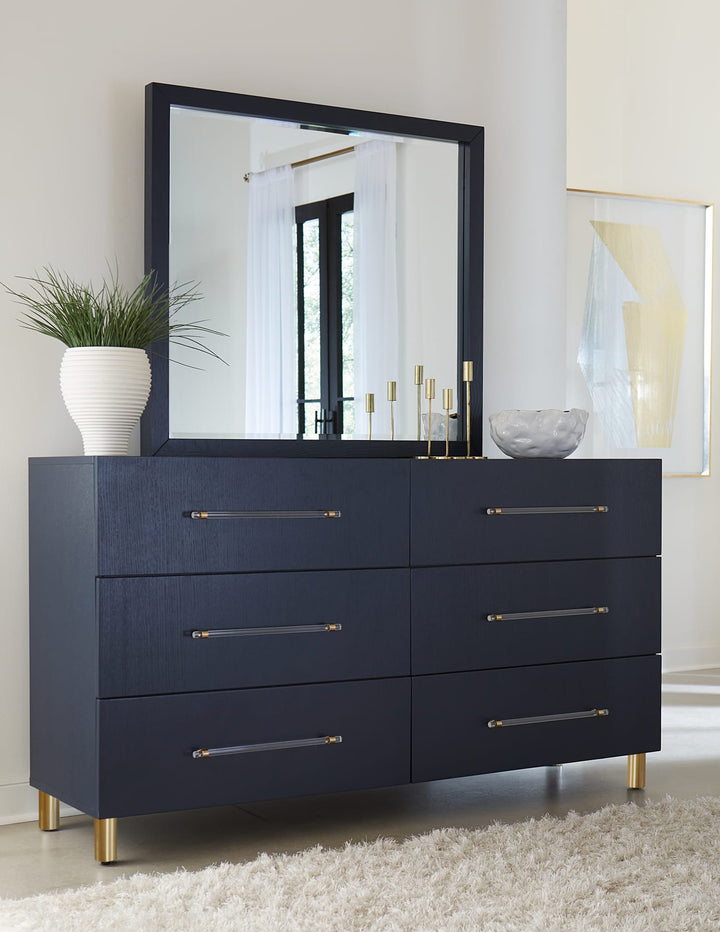 Argento Six Drawer Dresser in Navy Blue &amp; Burnished Brass — styled with the matching mirror (sold separately)