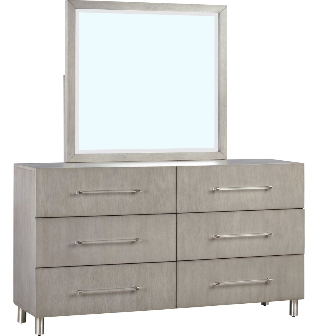 Argento Six Drawer Dresser in Misty Grey — on a white background with the matching mirror (sold separately)