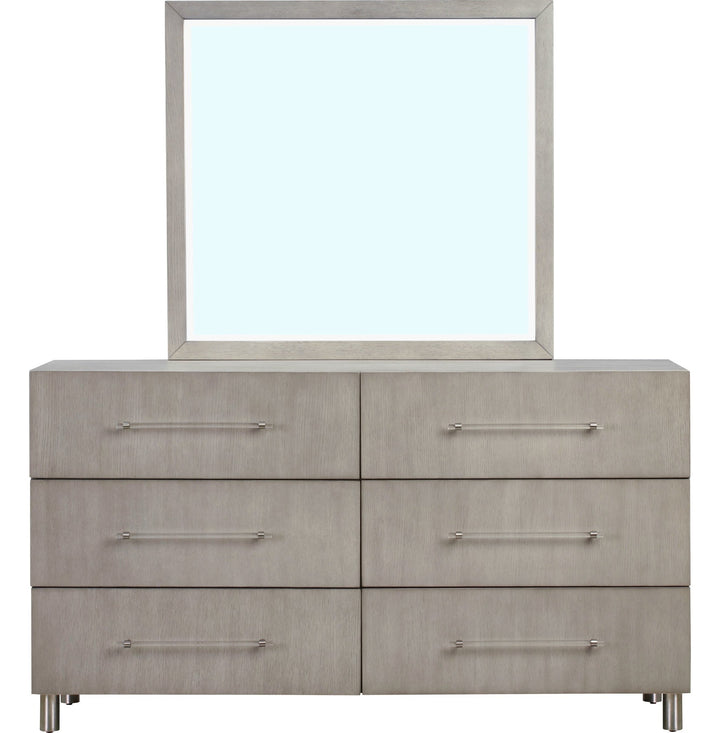 Argento Six Drawer Dresser in Misty Grey — on a white background with the matching mirror (sold separately)