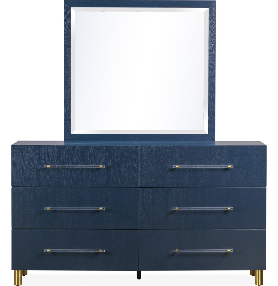 Argento Six Drawer Dresser in Navy Blue &amp; Burnished Brass — on a white background with the matching mirror (sold separately)