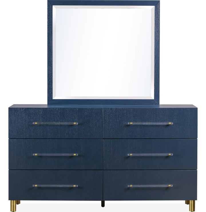Argento Six Drawer Dresser in Navy Blue &amp; Burnished Brass — on a white background with the matching mirror (sold separately)