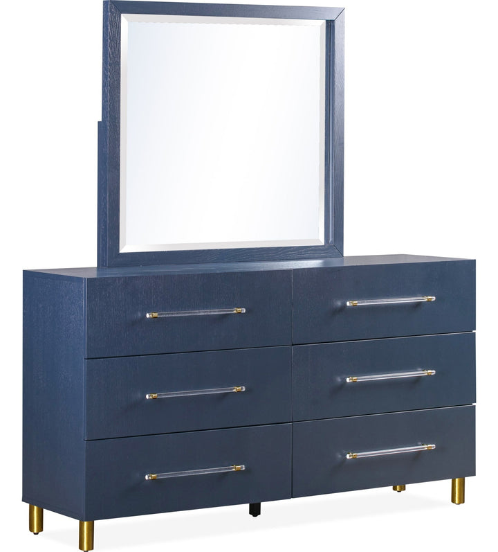 Argento Six Drawer Dresser in Navy Blue &amp; Burnished Brass — on a white background with the matching mirror (sold separately)