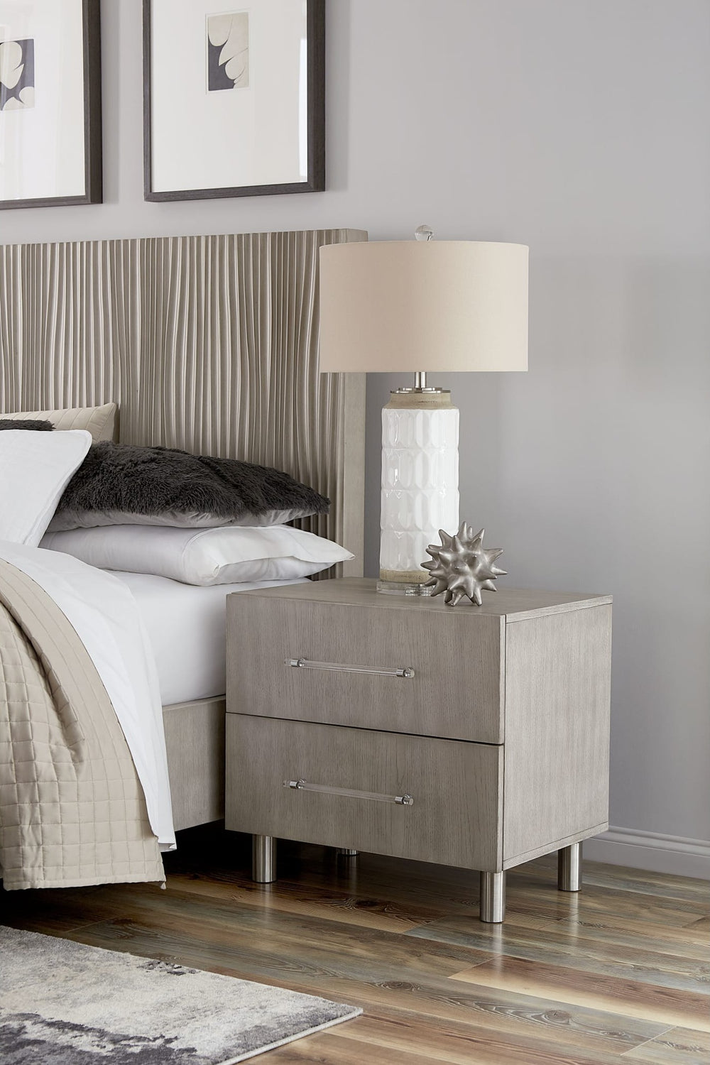 Argento Two Drawer Nightstand in Misty Grey — in a bedroom setting