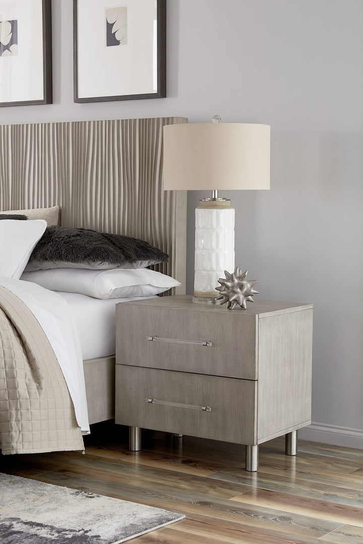 Argento Two Drawer Nightstand in Misty Grey — in a bedroom setting