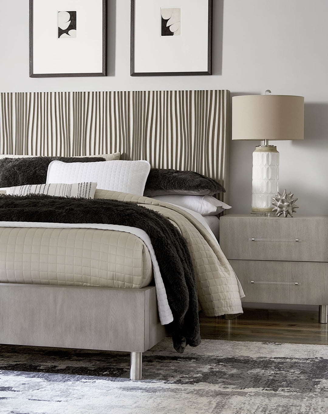 Argento Two Drawer Nightstand in Misty Grey — in a bedroom setting