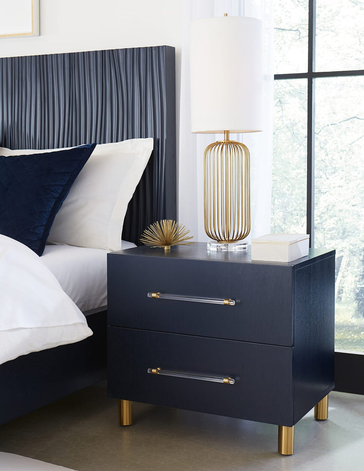 Argento Two Drawer Nightstand in Navy Blue &amp; Burnished Brass — in a bedroom setting