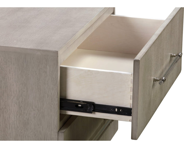 Argento Two Drawer Nightstand in Misty Grey — with drawers open
