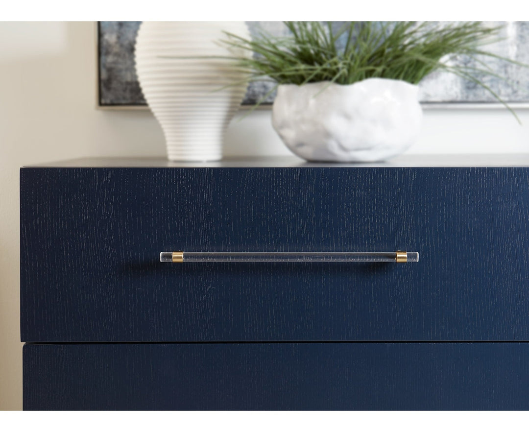 Argento Two Drawer Nightstand in Navy Blue &amp; Burnished Brass — on a white background