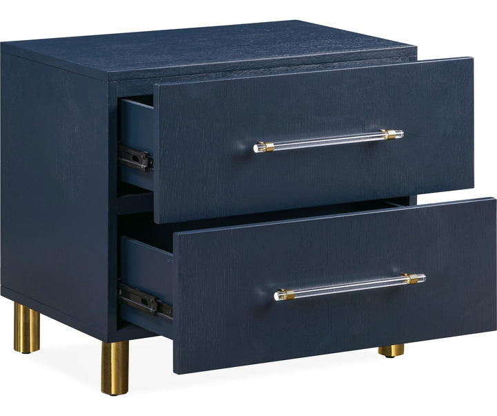Argento Two Drawer Nightstand in Navy Blue &amp; Burnished Brass — with drawers open