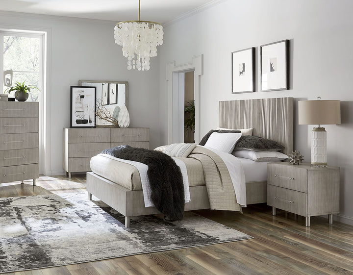 Argento Wave-Patterned Bed in Misty Grey styled in a bedroom