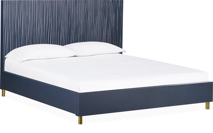 Argento Wave-Patterned Bed in Navy Blue &amp; Burnished Brass — white background, angled view