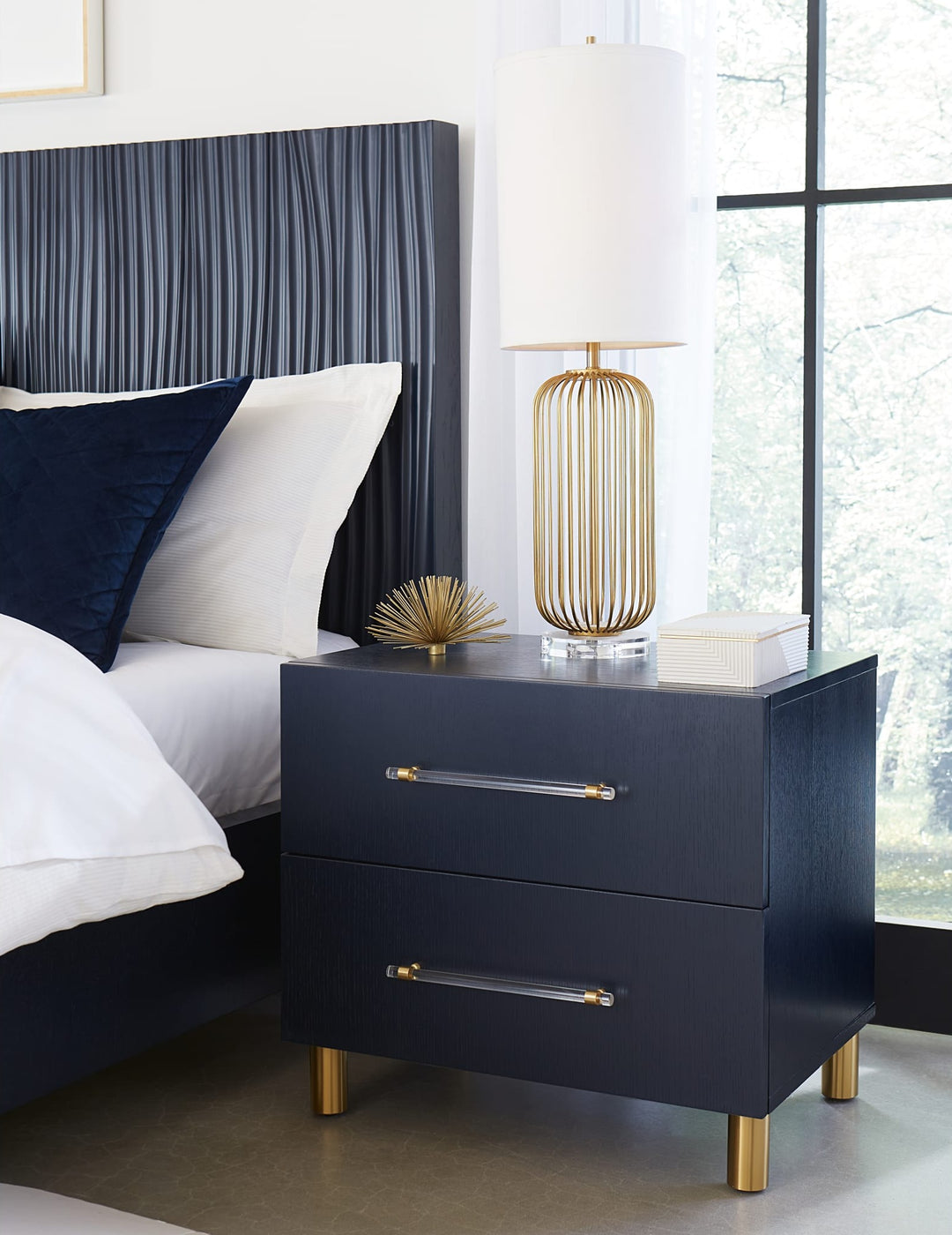 Argento Wave-Patterned Bed in Navy Blue &amp; Burnished Brass — headboard detail beside a matching nightstand
