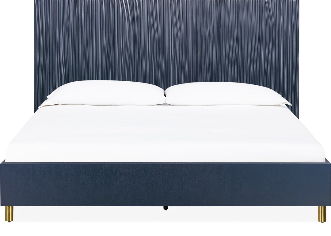 Argento Wave-Patterned Bed in Navy Blue &amp; Burnished Brass — white background, front view