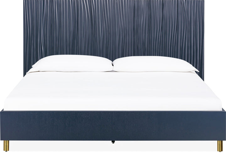 Argento Wave-Patterned Bed in Navy Blue &amp; Burnished Brass — white background, front view