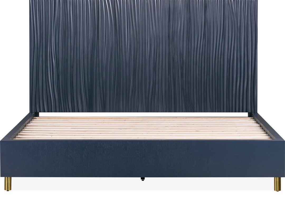 Argento Wave-Patterned Bed in Navy Blue &amp; Burnished Brass — front view without mattress