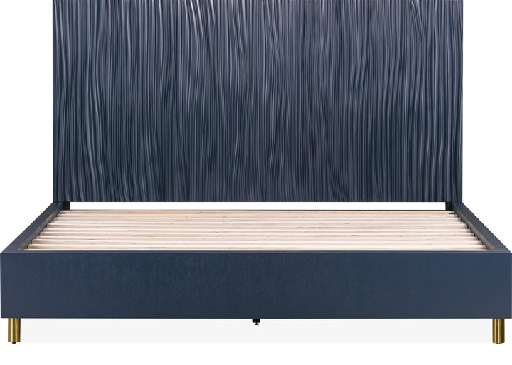 Argento Wave-Patterned Bed in Navy Blue &amp; Burnished Brass — front view without mattress