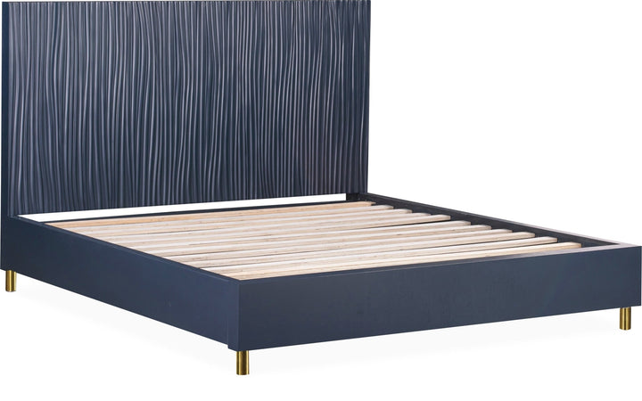 Argento Wave-Patterned Bed in Navy Blue &amp; Burnished Brass — angled view without mattress