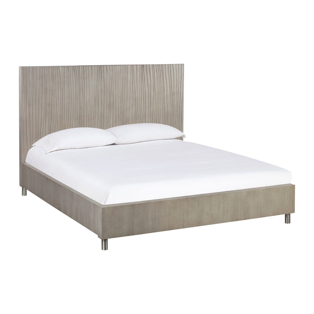 Argento Wave-Patterned Bed by Modus in Misty Grey — white background, angled view