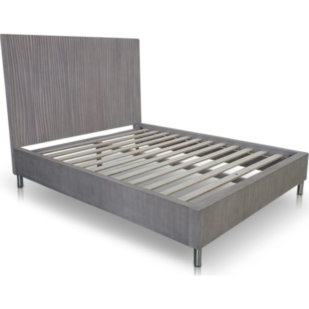 Argento Wave-Patterned Bed in Misty Grey — without mattress, showing slat platform