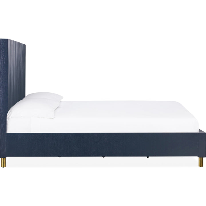 Argento Wave-Patterned Bed in Navy Blue &amp; Burnished Brass — white background, side profile