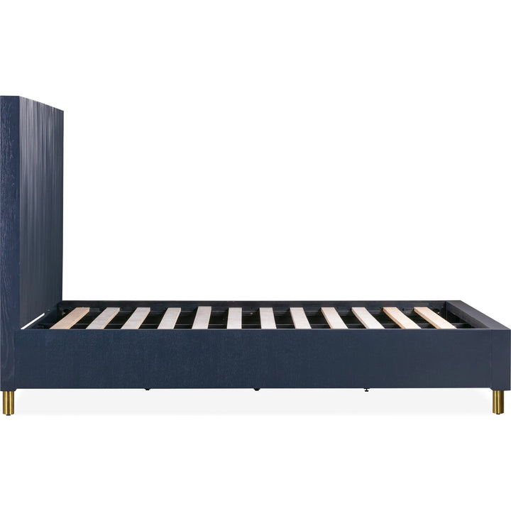 Argento Wave-Patterned Bed in Navy Blue &amp; Burnished Brass — side view without mattress