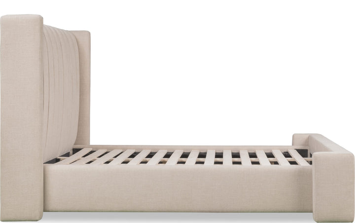 Arroyo Upholstered Bed in Cashew — side view without mattress