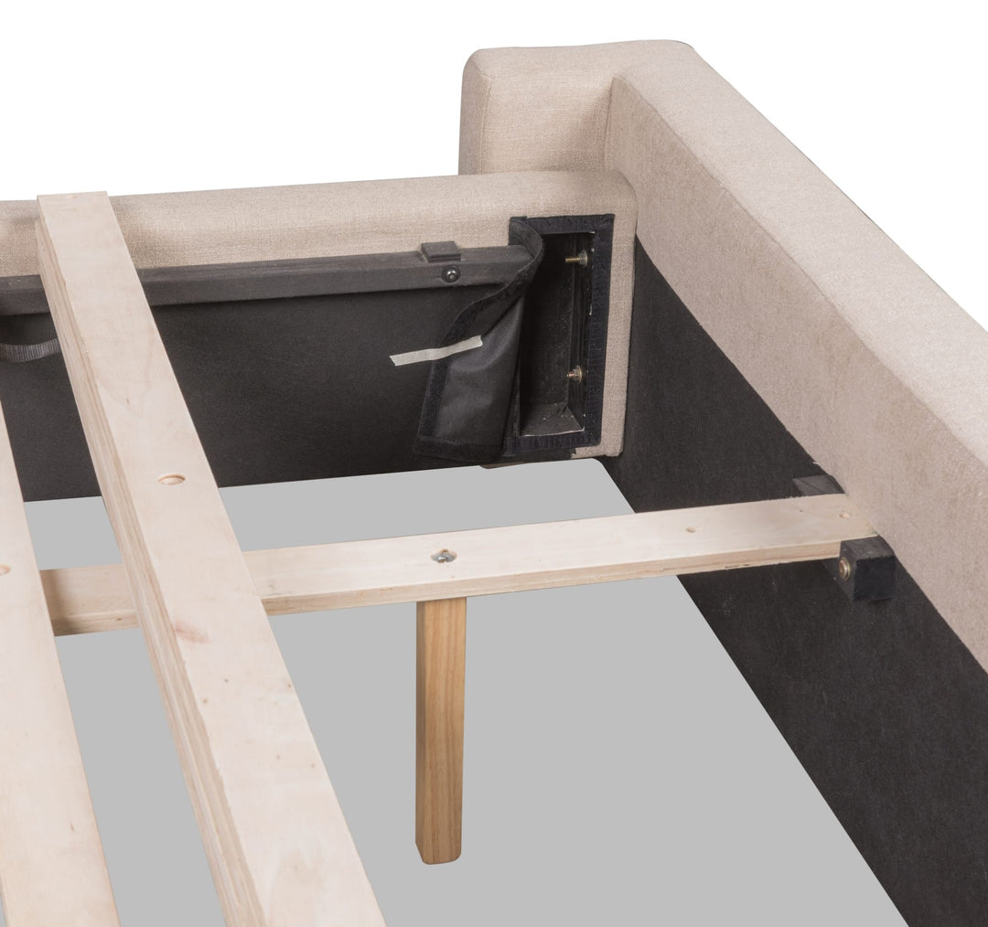 Arroyo Upholstered Bed in Cashew — close-up of the center rail and support leg