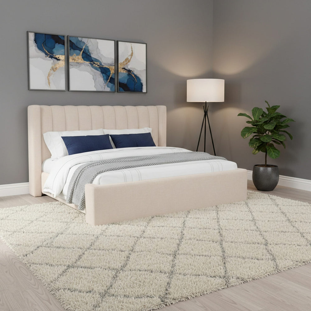 Arroyo Upholstered Bed in Cashew styled in a bedroom