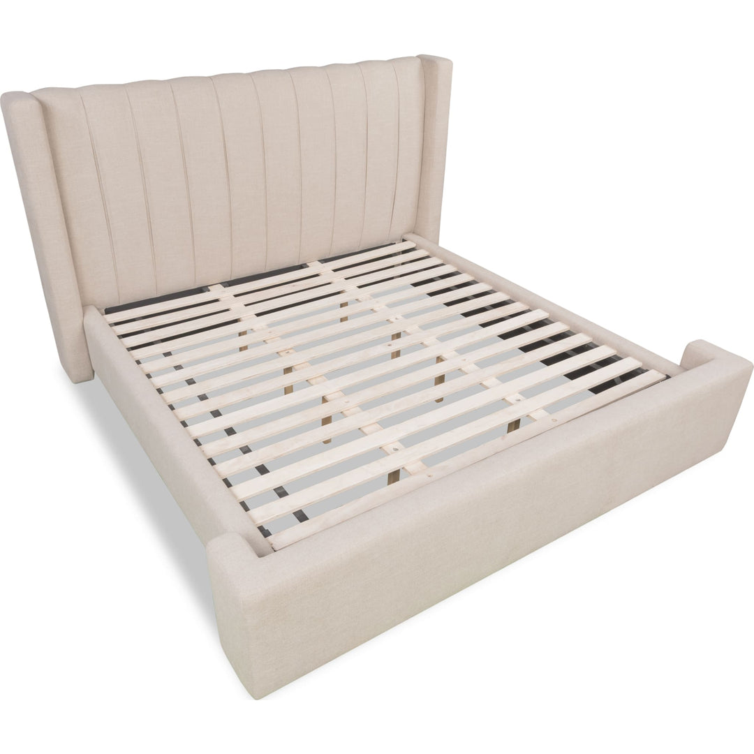 Arroyo Upholstered Bed in Cashew — without mattress, showing slat platform