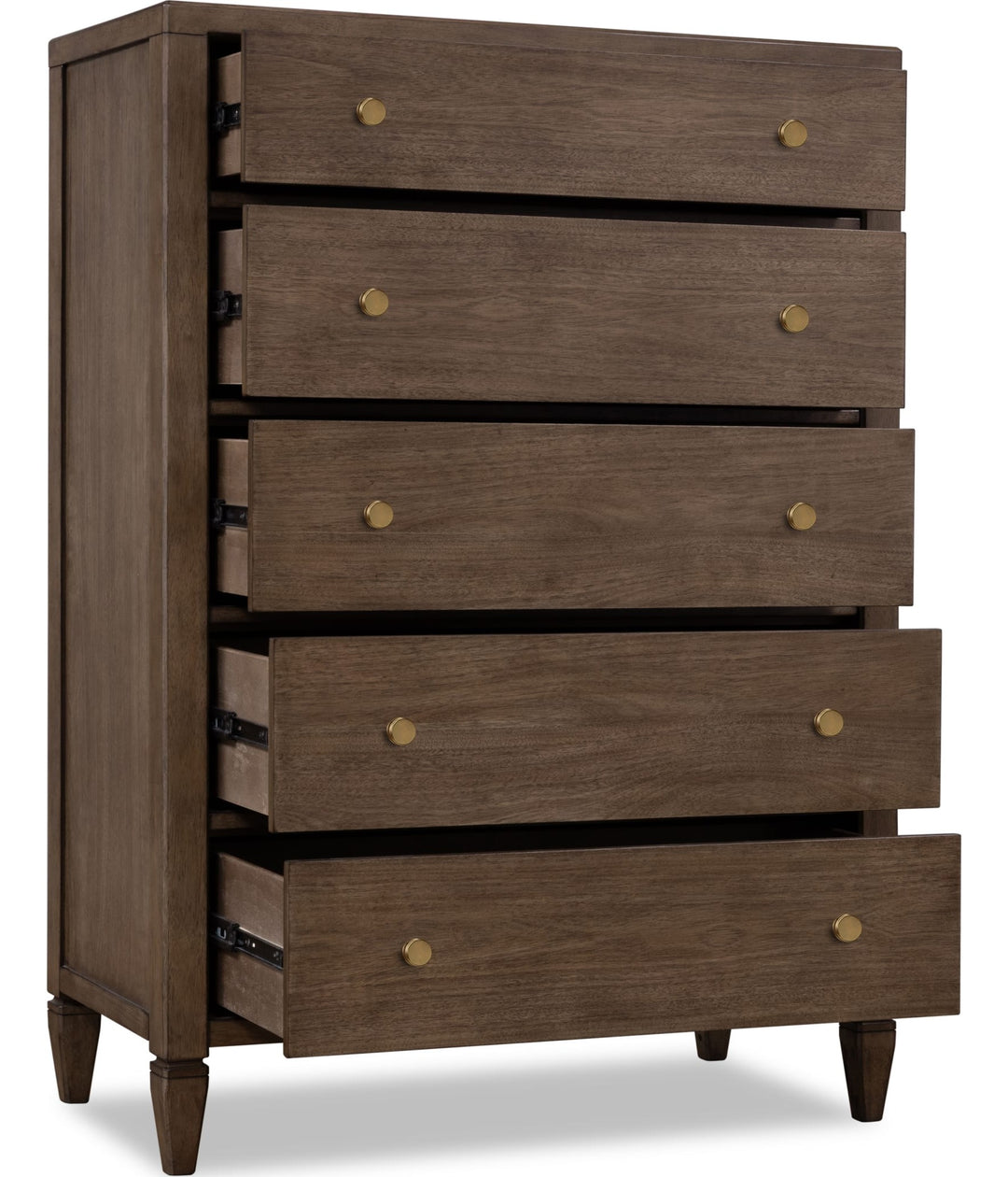 Ascott Five Drawer Chest in Pecan Pie — with drawers open