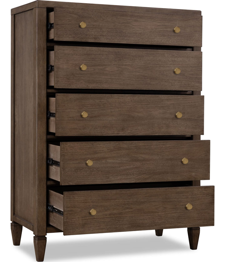 Ascott Five Drawer Chest in Pecan Pie — with drawers open