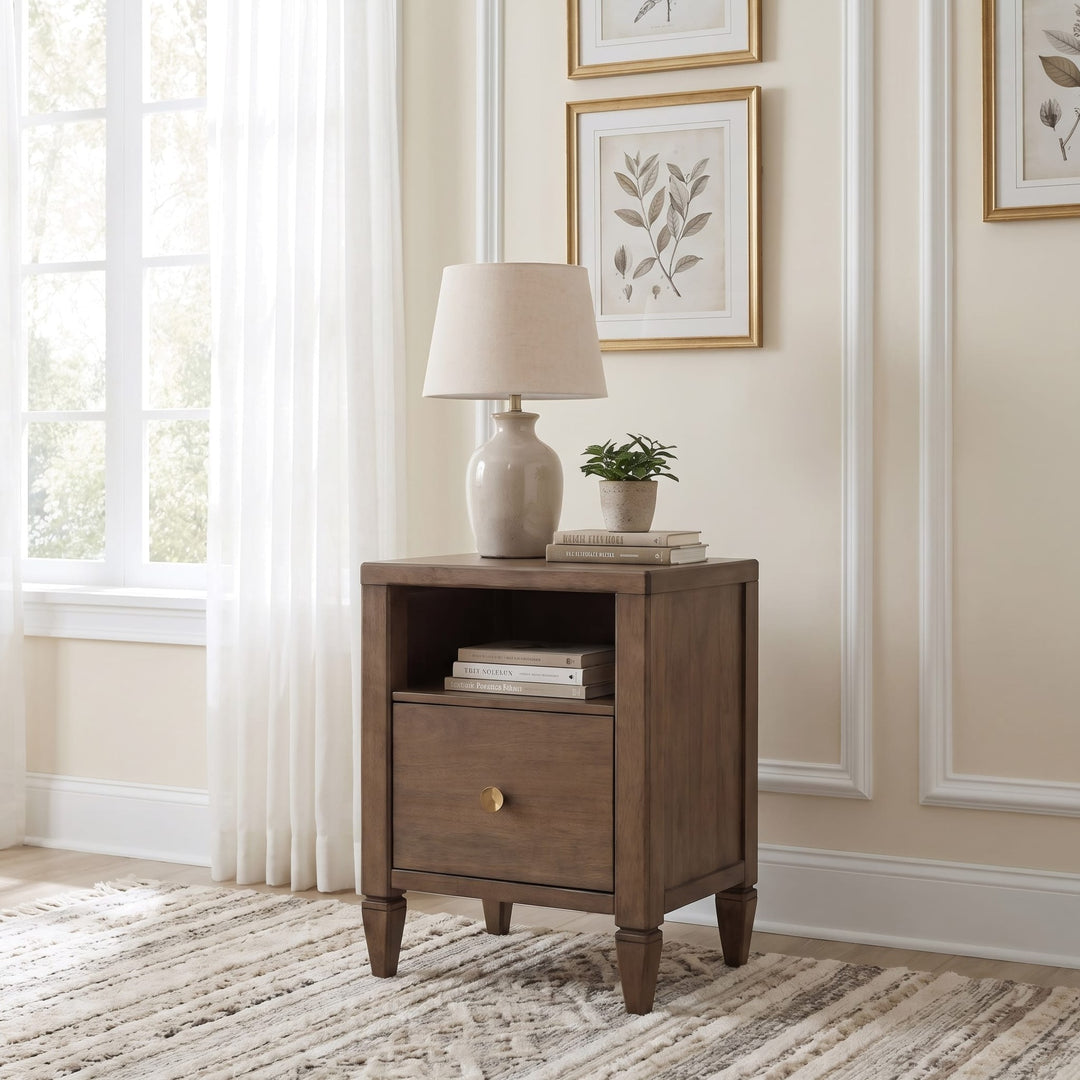 Ascott One Drawer Nightstand in Pecan Pie — styled in a room