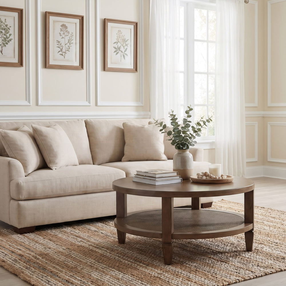 Ascott Round Coffee Table in Pecan Pie — lifestyle photo