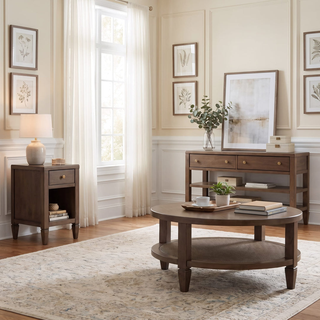 Ascott Round Coffee Table in Pecan Pie — lifestyle photo