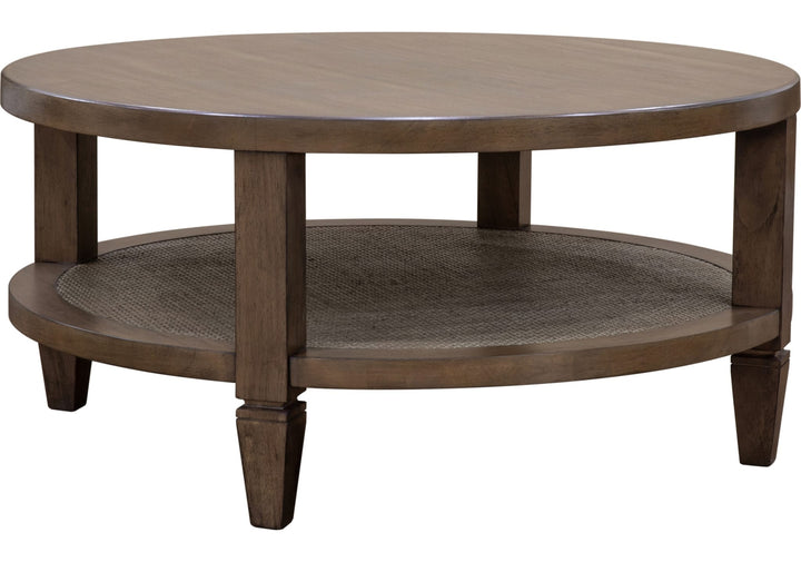 Ascott Round Coffee Table in Pecan Pie — product view on a white background