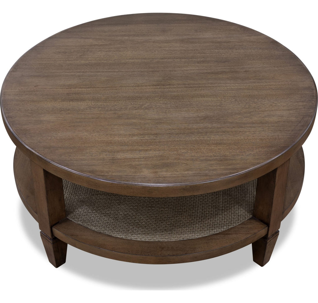 Ascott Round Coffee Table in Pecan Pie — product view on a white background