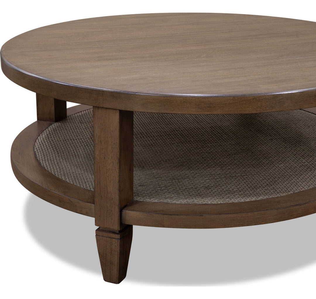 Ascott Round Coffee Table in Pecan Pie — product view on a white background