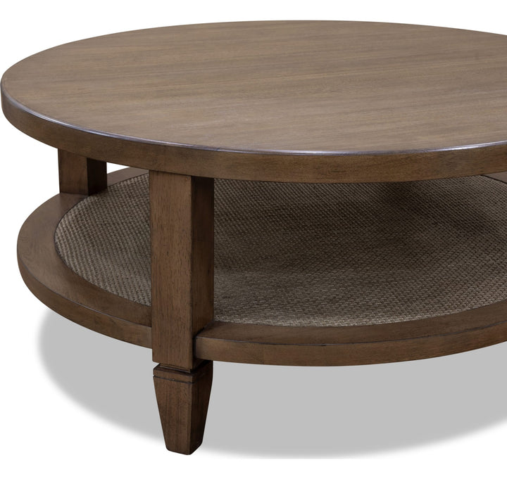 Ascott Round Coffee Table in Pecan Pie — product view on a white background