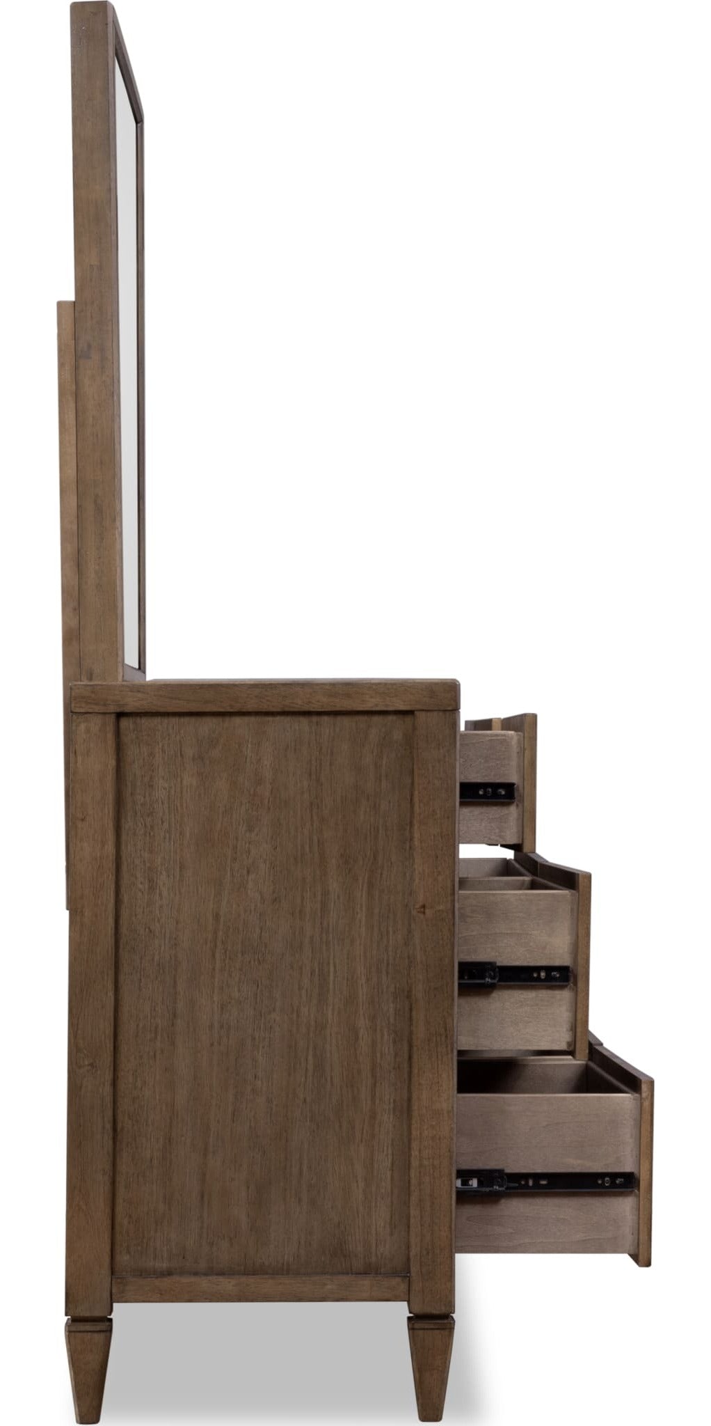 Ascott Seven Drawer Dresser in Pecan Pie — side view with the matching mirror (sold separately)