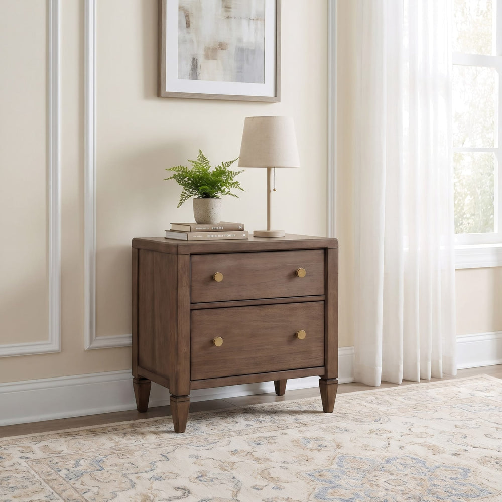 Ascott Two Drawer Nightstand in Pecan Pie — styled in a room