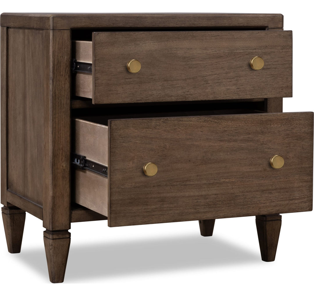 Ascott Two Drawer Nightstand in Pecan Pie — with drawers open