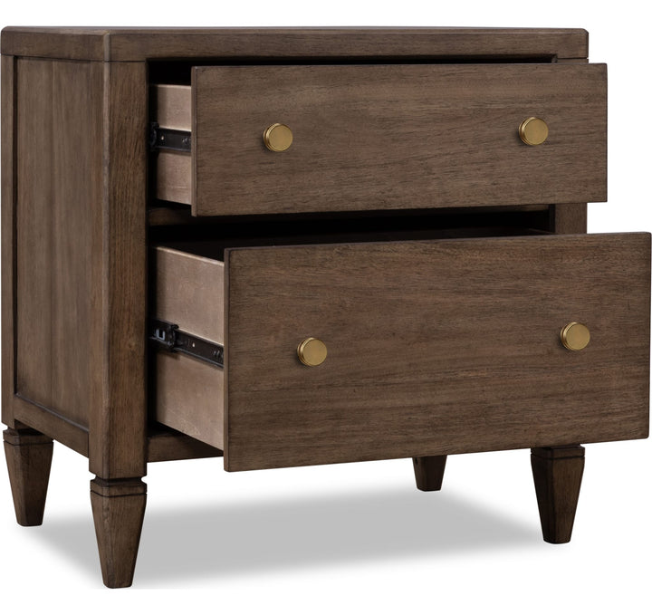 Ascott Two Drawer Nightstand in Pecan Pie — with drawers open