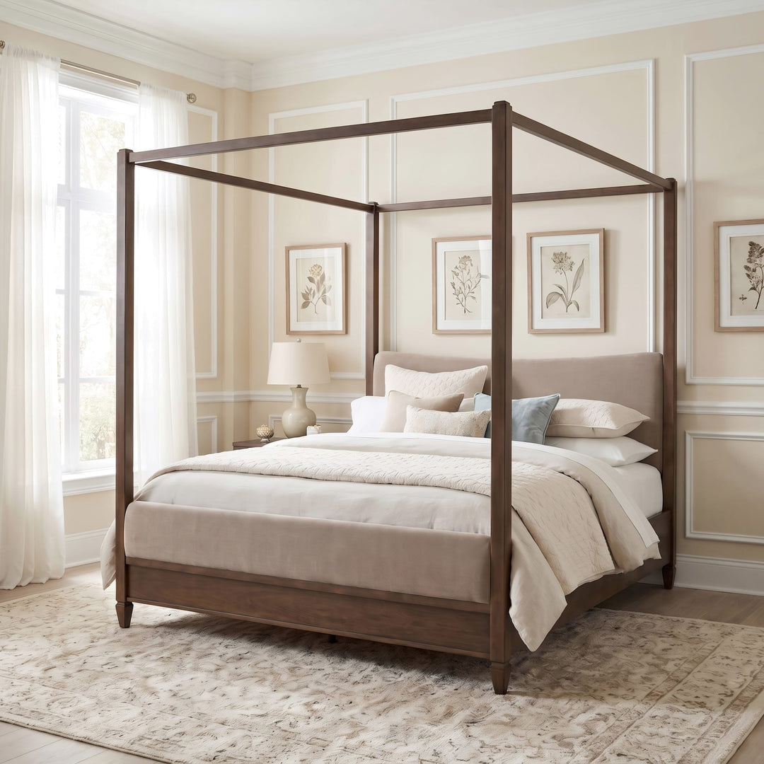 Ascott Upholstered Canopy Bed styled in a bedroom