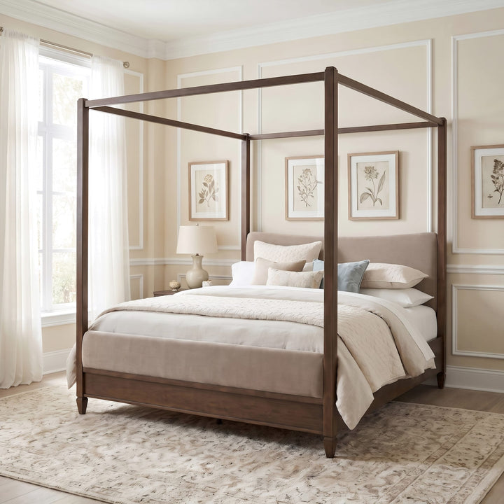 Ascott Upholstered Canopy Bed styled in a bedroom
