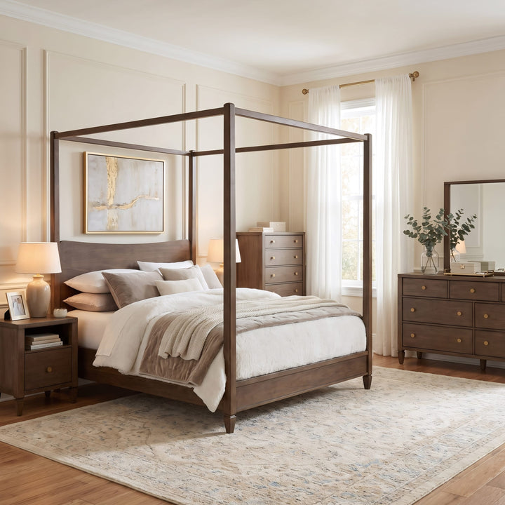 Ascott Upholstered Canopy Bed styled in a bedroom