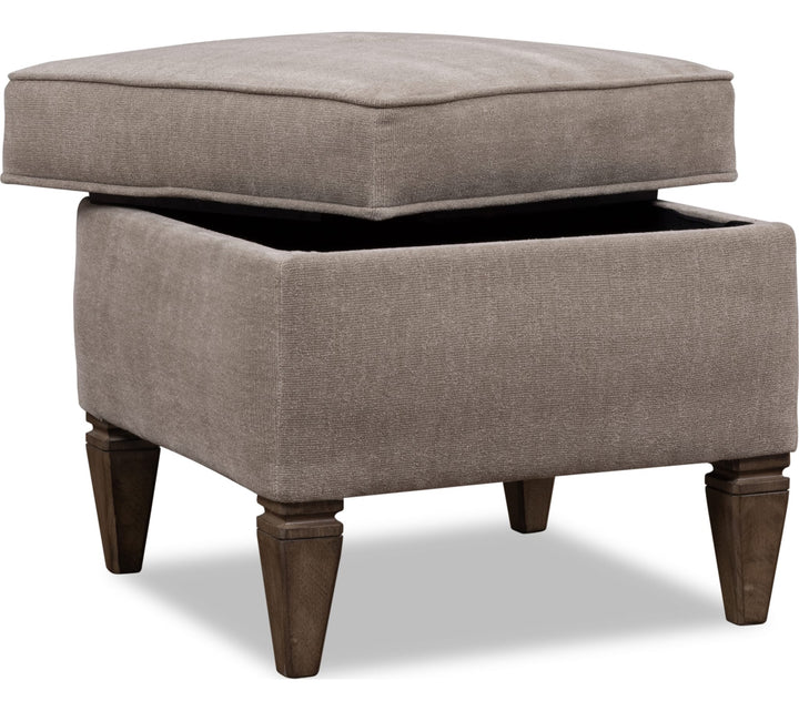 Ascott Upholstered Ottoman in Pecan Pie — with the storage lid open