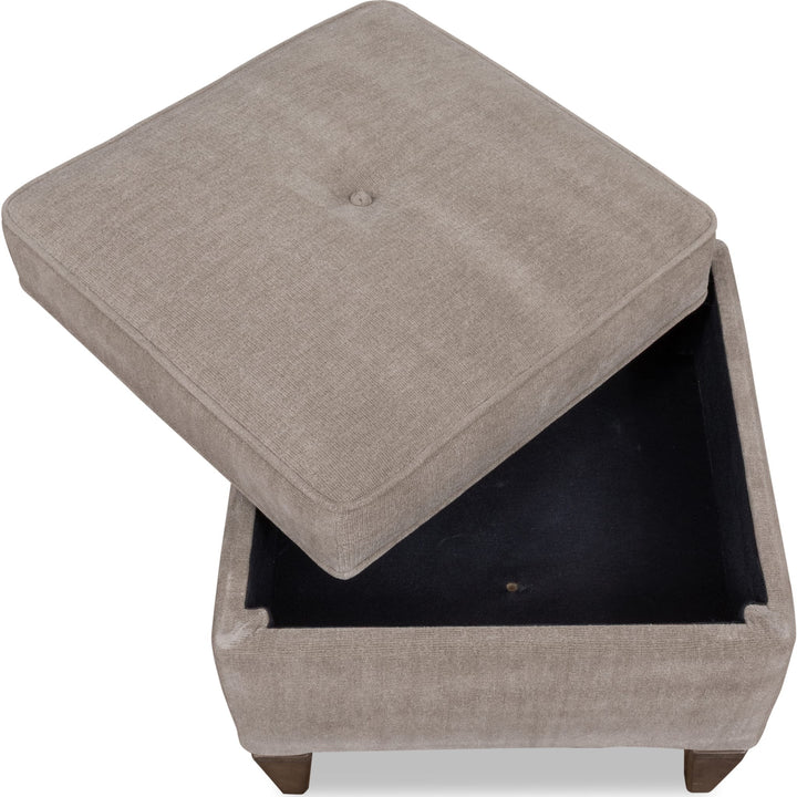 Ascott Upholstered Ottoman in Pecan Pie — with the storage lid open